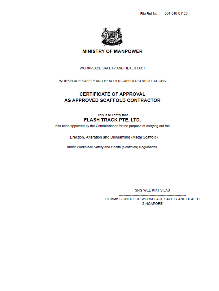 Certificate of Approval as Approved Scaffold Contractor